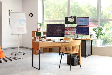 Interior of light programmer's office with desks and flipchart