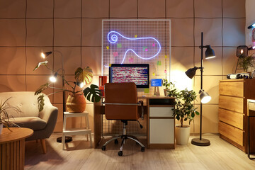 Wall Mural - interior of programmer's office with workplace and glowing lamps at night