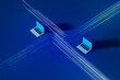 © Marcos Osorio/Stocksy - Laptops on a blue background show data flow online