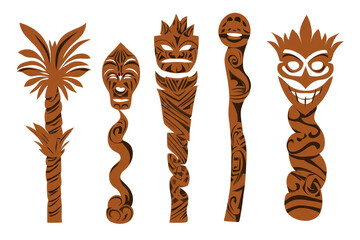 set of tiki tattoos silhouette isolated white background