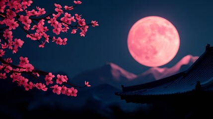 Wall Mural - Pink Moon Night Serene Cherry Blossoms Mountains Temple