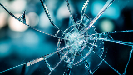 A close-up of shattered glass showcasing intricate cracks and the impact point. The macro shot is set against a blurred urban backdrop with a blue color theme.