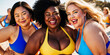 © Merimay - Three friends plump full fat happy cheerful smiling laughing beautiful interracial interethnic women girlfriends  bikini swimsuits body positivity portrait summer holiday close up