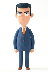 A stylized character in a suit with a serious expression, resembling an animated businessman.