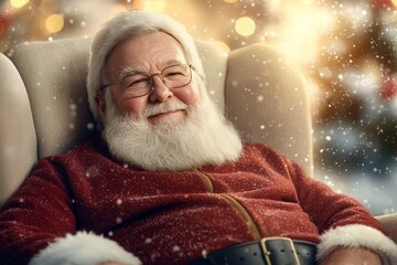 Wall Mural - A smiling Santa Claus is sitting in a chair with snow falling around him