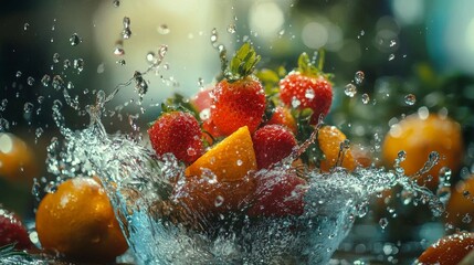 Wall Mural - Strawberries and oranges splashing in water with droplets