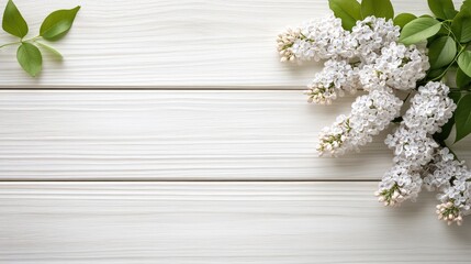 Sticker - This simple wreath displays white lilac flowers and green leaves on a textured white wooden background, perfect for spring decoration