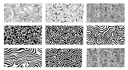 abstract black and white seamless patterns collection in hand-drawn style vector