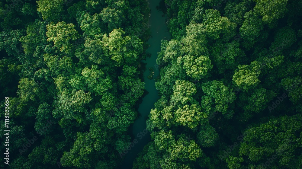 Aerial view of a river flowing through a lush green forest. Stock Photo ...