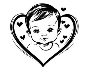 Wall Mural - adorable baby portrait with heart in hand-drawn style black vecto