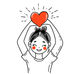 Wall Mural - cheerful young woman with love heart in minimalist sketch style vector