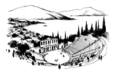 Wall Mural - coastal landscape with historic amphitheater in black and white