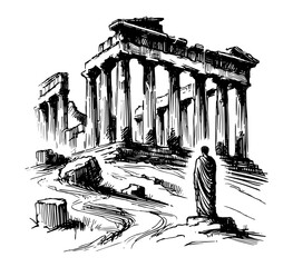 greek historical site with mountainous backdrop black vector drawing