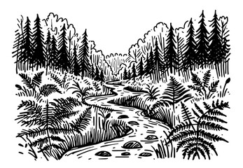 Wall Mural - peaceful woodland river with plants and trees black vector illustration