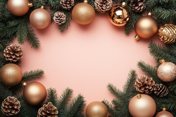 Wall Mural - Christmas border made of fir branches, golden baubles and pine cones on pink background