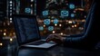 © lililia - Business woman uses a laptop to compose an email, featuring an envelope icon, set against a dark backdrop adorned with lights
