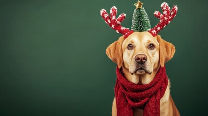 Wall Mural - Festive Labrador retriever wearing a Christmas hat with antlers and a cozy red scarf, sitting against a green background, radiating holiday cheer.