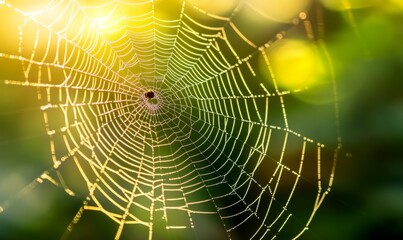 A macro photograph of a spiders web highlighting the similarities between the structure of a web and the interconnectedness of particles in the fabric of the universe.