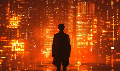 A silhouette of a figure against a futuristic cityscape, featuring vibrant orange lights and digital code patterns.