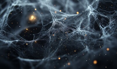 A macro photograph of a spiders web highlighting the similarities between the structure of a web and the interconnectedness of particles in the fabric of the universe.