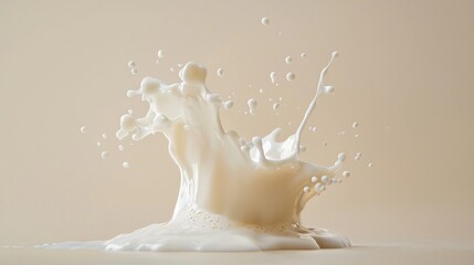 Wall Mural - Milk splash captured mid-air against a neutral beige background