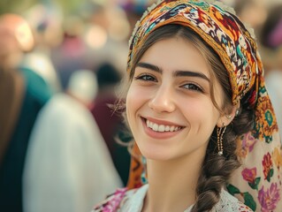 Wall Mural - Joyful Eyes - Smiling Woman in Cultural Attire