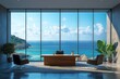© Vadym - Modern office with stunning sea view. Large windows offer panoramic ocean panorama. Dark wooden desk, comfortable chairs. Green plants complement tranquil atmosphere. Business meeting place. Coastal