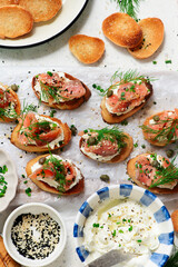 Wall Mural - Baguette Crostini with Cream Cheese and Pink Pacific Salmon..style hugge