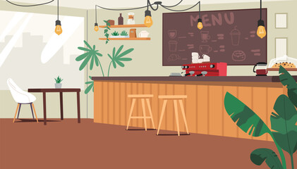 Empty no people eco-friendly cafe cozy design interior with green pants in pots vector illustration