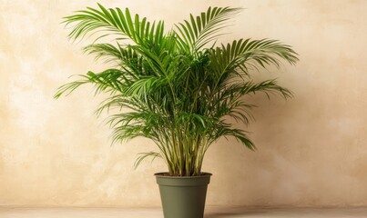 Wall Mural - A well-kept potted palm with vibrant green leaves stands against a neutral background, exuding freshness and natural beauty.