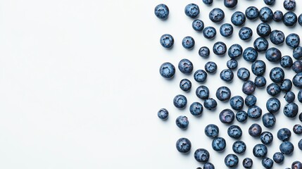 Wall Mural - Fresh blueberries scattered across a white background, leaving space for text.