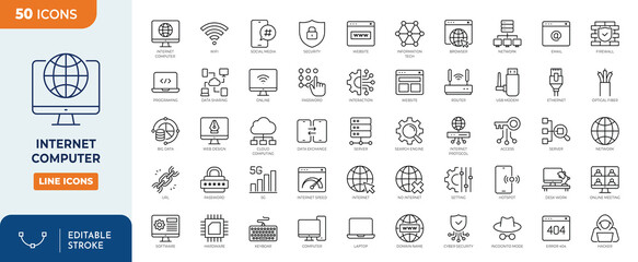 internet computer line editable icon set. containing online, computer, network, website, server, web