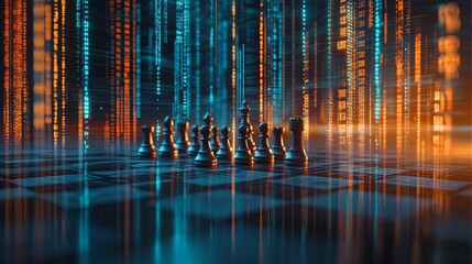 Chess Pieces Strategically Positioned Before Digital Data Stream