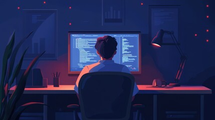 Late Night Coder Working on Computer Code