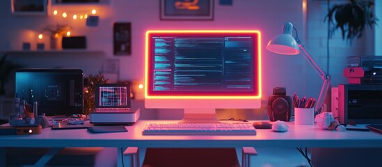 A computer with a neon red border on its screen, a desk lamp, and a keyboard on a white desk.