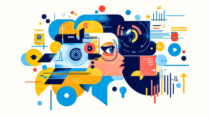Woman embracing digital transformation, abstract illustration of technology and innovation