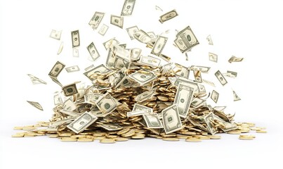 Wall Mural - Pile of cash and abstract gold coins circulating in mid-air on a white background