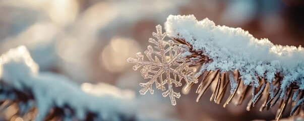 Wall Mural - It is a perfect winter wonderland with a snow-covered pine branch and snowflake decorations