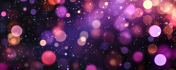 On a dark purple backdrop, colorful confetti is thrown everywhere. Sparkles fly. The background is empty. An abstract template is blurred. Blurred pattern is a night party bokeh