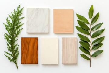 Poster - Mood board showcasing wooden, marble, and fabric swatches with decorative plants and brass elements on a bright surface