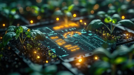 Green seedlings growing from a futuristic circuit board.