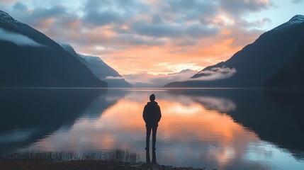 Sticker - Silhouette of a man standing on a lakeshore surrounded by mountains at sunset.