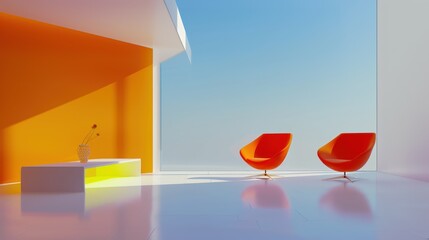 Wall Mural - Vibrant and Sleek: Contemporary Office Interior with Orange Chairs and Glass Walls 