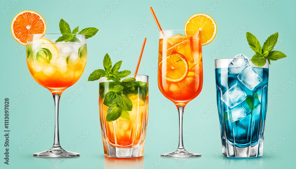 A quartet of vibrant cocktails, each with its own unique blend of ...