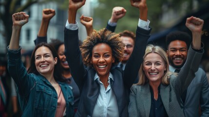 Wall Mural - Multiethnic Business Team Celebrating Success with Raised Fists