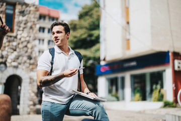 Poster - A confident student in casual attire engages in a lively discussion in the city after classes, conveying a sense of collaboration and education in an urban environment.