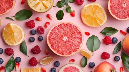 Poster - Flat lay of fresh citrus fruits, berries, and green leaves on a pink background