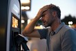© Milos - A worried man stands at a gas station pump, staring in disbelief at the steep fuel price displayed on the screen, highlighting modern economic challenges.