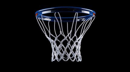 Close-up of a basketball hoop with a white net and blue rim on a black background