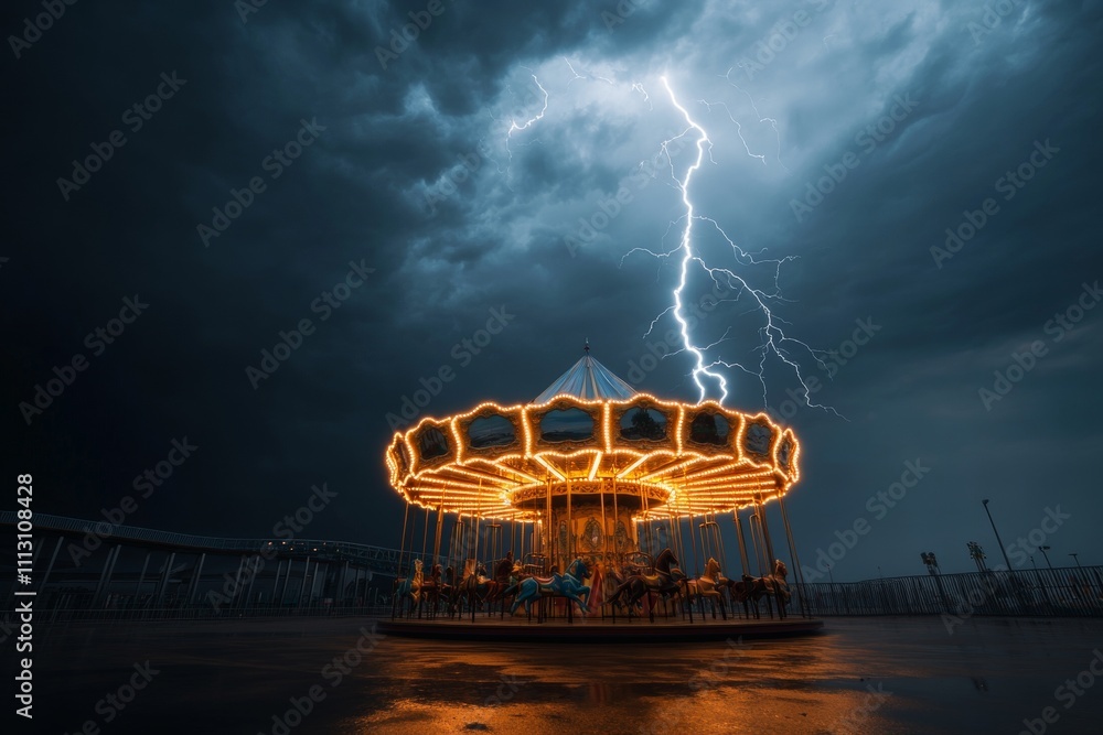 Illuminated carousel under stormy sky with dramatic lightning strike ...